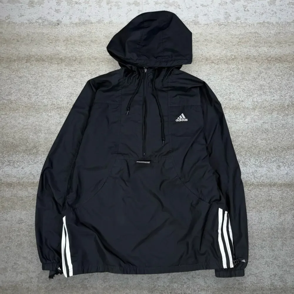 Vintage 90s Adidas Windbreaker Jacket Mens L Black White Stripes Polyester Zip
